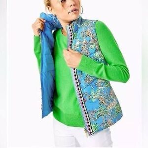 LILLY PULITZER Deanne Reversible Down Blue Thistle Tiger Queen Vest M 💚💙🐅